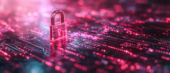 Abstract image of a lock on a technology interface, showcasing cybersecurity and data safety