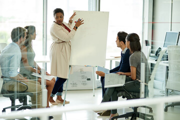 Poster - Woman, presentation and group at white board for meeting, business planning and brainstorming in workplace. Presenter, company and goals for idea with strategy, collaboration and professional project