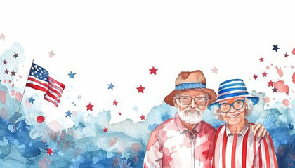 Wall Mural - An older couple is walking in front of an American flag watercolor