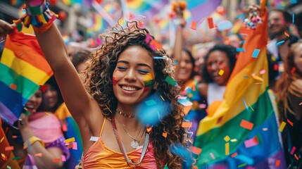 A diverse group of people celebrating pride with colorful flags and banners, smiling and dancing in a parade, displaying unity and joy