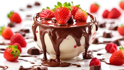 Wall Mural - Fresh sweet dripping fruit dipped in red liquid, strawberry pped chocolate isolated food dessert, wonderful health berry, exquisite white juicy epicure cream wholesome dipping candies that are fresh a