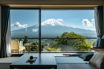 View of mount Fuji In Japan from a Japanese hotel window