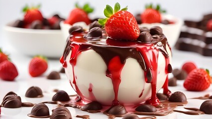 Wall Mural - Fresh sweet dripping fruit dipped in red liquid, strawberry pped chocolate isolated food dessert, wonderful health berry, exquisite white juicy epicure cream wholesome dipping candies that are fresh a