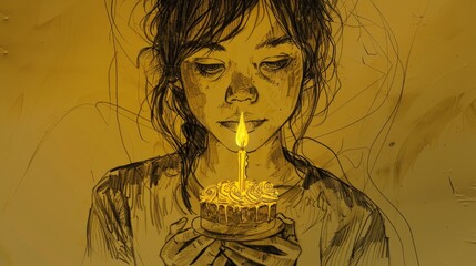 Wall Mural - Close-up of a young woman holding a small cake with a single lit candle