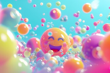 Wall Mural - A colorful, happy face is surrounded by many colorful spheres