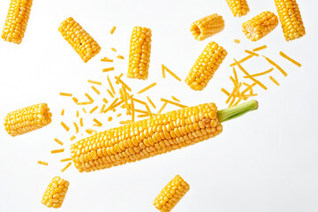 Wall Mural - Fresh corn on the cob with kernels flying through the air