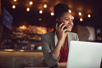 Aufkleber - Happy business woman, cafe and night with laptop or phone call for discussion or conversation. Female person or freelancer with smile on computer or mobile smartphone for communication at coffee shop