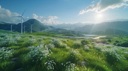 Wall Mural - A serene landscape with a combination of wind turbines and solar panel