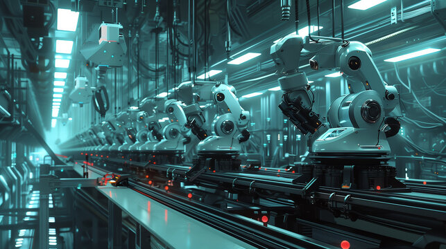 A robot is working on a conveyor belt in a factory. The robot is white and has blue eyes. There are several other robots in the scene, all working on the same conveyor belt
