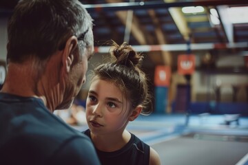 Wall Mural - Coach and Young Gymnast in Motivational Moment Before Routine in Gymnasium Setting