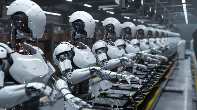 A robot is working on a conveyor belt in a factory. The robot is white and has blue eyes. There are several other robots in the scene, all working on the same conveyor belt