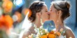 © Anastasiia - Two women kissing joyfully at their wedding during Pride Month celebration. Concept LGBTQ+ Wedding, Pride Month Celebration, Affectionate Couple, Joyful Moments, Love is Love