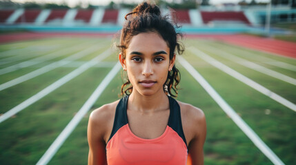 Wall Mural - a young Indian fit and athletic woman on running tracks in a stadium