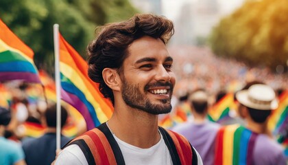 Wall Mural - handsome man on a blurred background of the lgbt month queer pride parade, the fight against homophobia, tolerance, many people rally, june 1