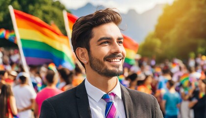 Wall Mural - handsome man on a blurred background of the lgbt month queer pride parade, the fight against homophobia, tolerance, many people rally, june 1