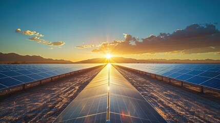 A solar farm in the desert with rows of solar panels glistening under the sun