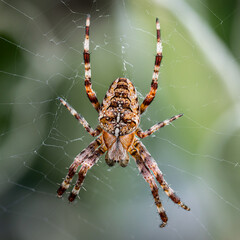 garden spider macro closeup on web green background