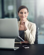 © peopleimages.com - Happy, portrait and business woman with desktop in office for CRM, thinking and schedule planning. Smile, support or American manager online on pc for client communication, consulting or networking