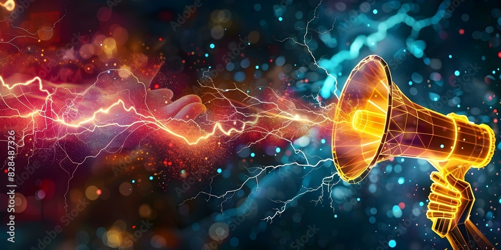 D hand holding megaphone with lightning symbols: A dynamic visual for ...