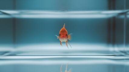 A gold fish swimming in a glass tank with blue water, AI