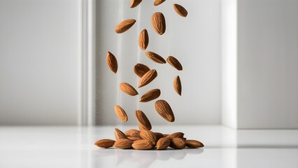 High-resolution image of almonds falling onto a reflective white surface, showcasing their texture and shape. Ideal for food, health, and wellness content, perfect for advertising, editorial use, HD.