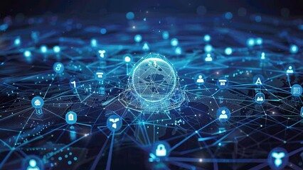 Poster - global connection concept. representation of the globe surrounded by technology icons and social med