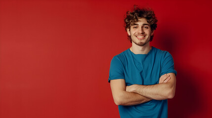 Wall Mural - Indoor portrait of young european man standing in blue t-shirt with crossed arms, smiling and looking at camera on red background
