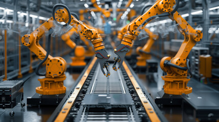 Wall Mural - A factory with robots working on a conveyor belt. The robots are orange and are working together to assemble a product. Scene is one of efficiency and productivity