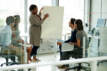 Poster - Woman, presentation and group in workplace or meeting, business planning and white board demonstration. Presenter, company and goals or idea with strategy, collaboration and professional or project