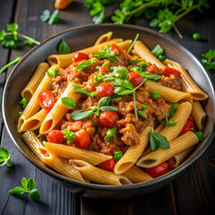 penne pasta in tomato sauce with meat tomatoes d