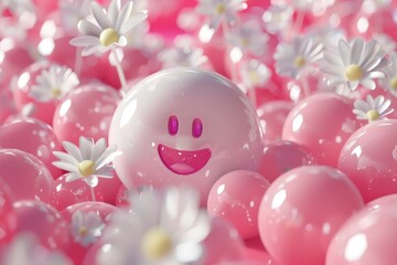 Wall Mural - A pink and white flower field with a smiling face in the middle