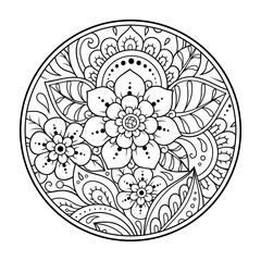 outline round flower pattern in mehndi style for coloring book page. antistress for adults and child