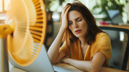 Young businesswoman suffering from hot summer temperature heat, sitting in office interior indoors at desk or table, sweating on the job, air cooler technology system