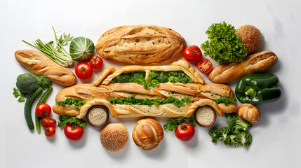 Wall Mural - Tasty bread, baguettes and fresh vegetables arranged in the shape of a car on a white background, studio photo