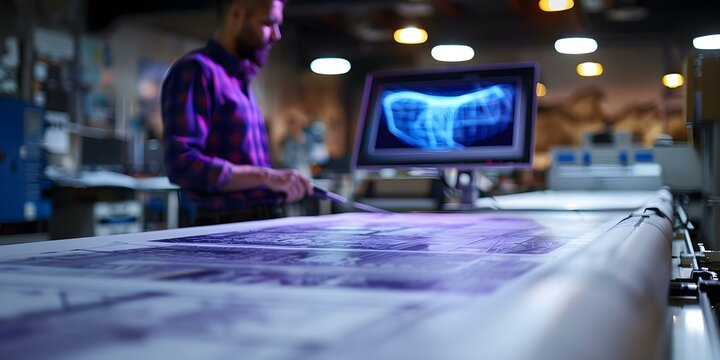 Engineers use a large format plotter for printing professional blueprints in the office. Concept Large Format Plotter, Engineers, Professional Blueprints, Office Equipment, Printing