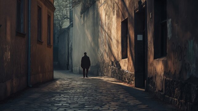 A man walks down a narrow alleyway with a brick wall on either side. The alleyway is dimly lit, and the man is the only person visible. Scene is somber and quiet