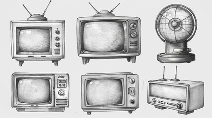 Set of old fashioned television sets on a transparent background, illustrating antennas and buttons.