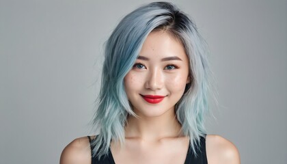 Beautiful smiling asian woman with blue hair, and red lips wearing black tank top on gray background