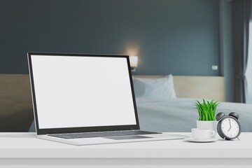 Wall Mural - laptop open to show green screen close up display in bedroom, application website present, 3d render