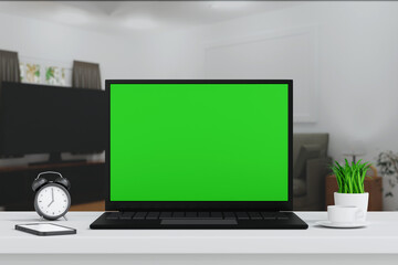 Wall Mural - laptop open to show green screen close up display in living room, application website present, 3d re