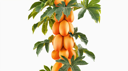 Wall Mural - Cluster of ripe papayas growing on a tree with lush green leaves, set against a white background.