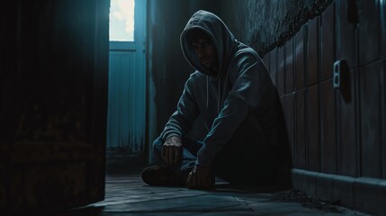 Wall Mural - A man is sitting on the floor in a dark room. He is wearing a hoodie and he is in a state of distress