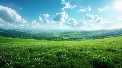 Wall Mural - wallpaper of a realistic landscape of a lush green meadow with a clear blue sky