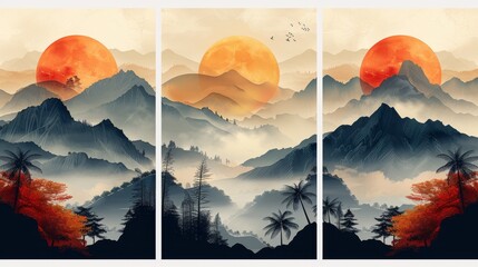 Wall Mural - Modern set of sand, palms, leaves, moon, and mountains. A collection of tropical backgrounds in earthy tones.