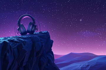 A 3D clay of a pair of headphones perched on the edge of a cliff under a starry night sky, with a gradient background transitioning from deep blue to purple, representing a music concept