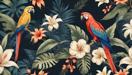 very beautiful tropical wallpaper illustrations, colorful macaws, tropical leaves and flowers, sharp quality and exotic color combinations
