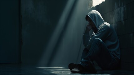 A man is sitting on the floor with his head down. He is wearing a hoodie and jeans