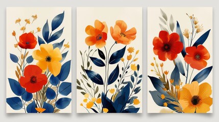 Wall Mural - Abstract background set inspired by Matisse. Featuring plants, leaf branches, coral, and flowers. Modern aesthetic illustration design for decorations, prints, and wallpaper.