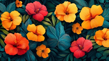 Wall Mural - A colorful botanical background with leaves, flowers, and branches. Simple contemporary style illustrated design for fabric, prints, covers, banners, and wallpaper.