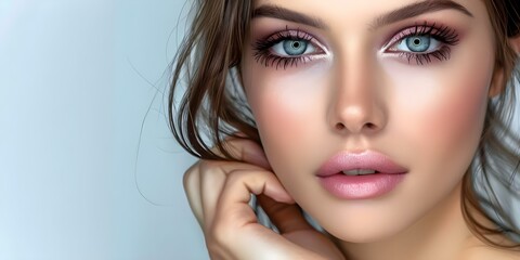 Wall Mural - Beautiful woman with flawless complexion and eye makeup on white background. Concept Beauty Photography, Flawless Complexion, Eye Makeup, White Background, Portrait